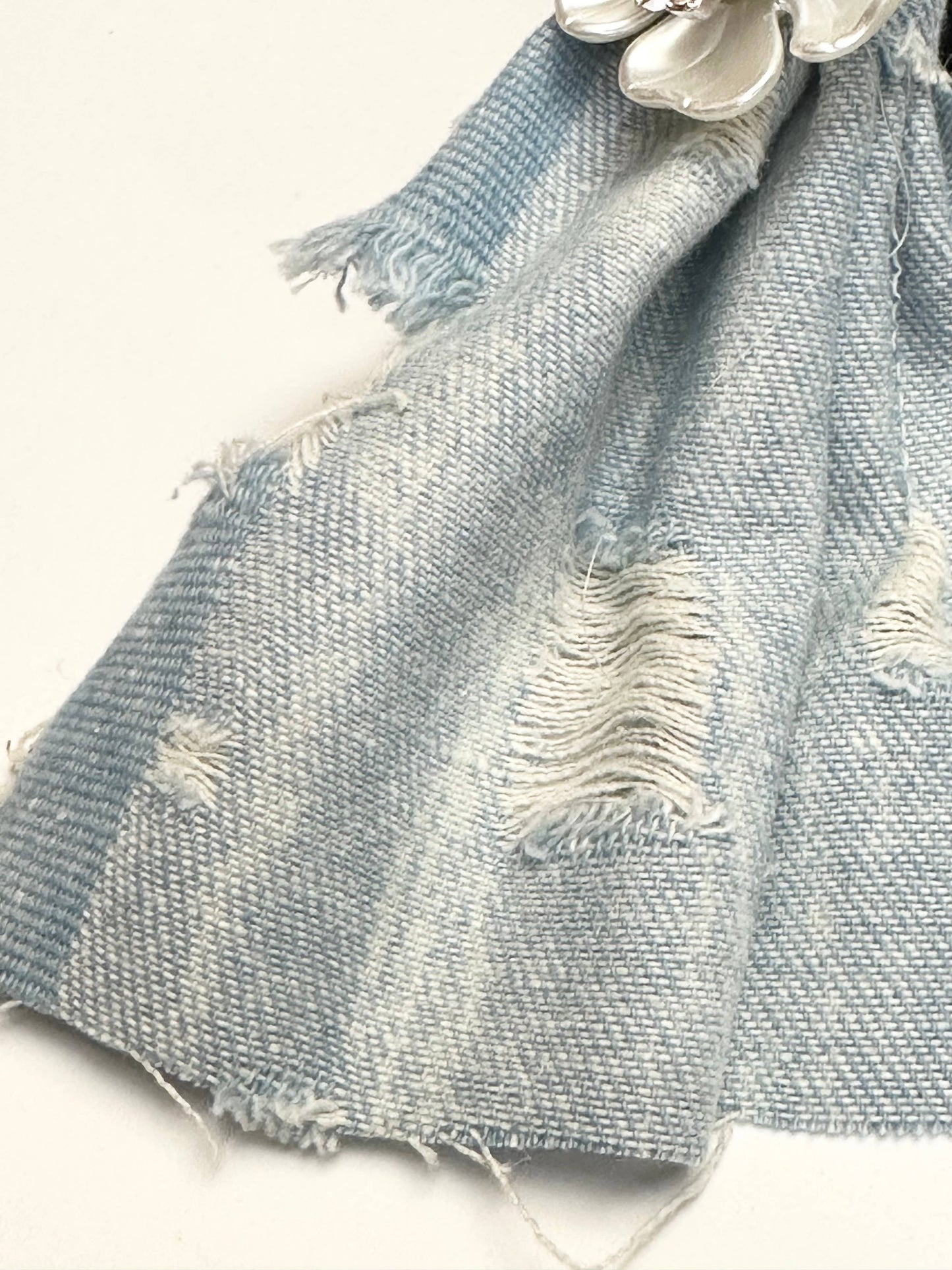 Light Blue Destroyed Denim Earrings with Pearl Flowers