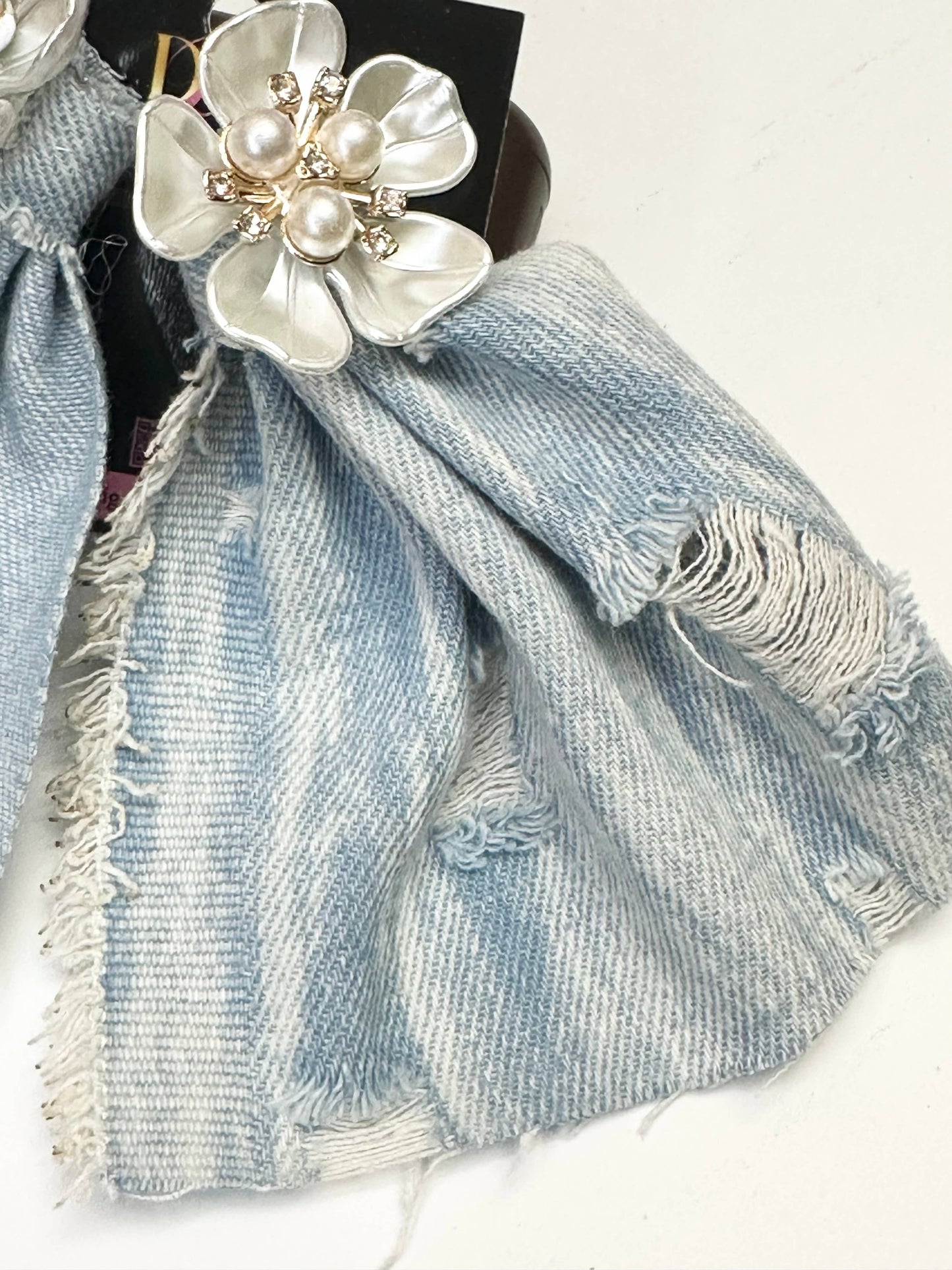 Light Blue Destroyed Denim Earrings with Pearl Flowers