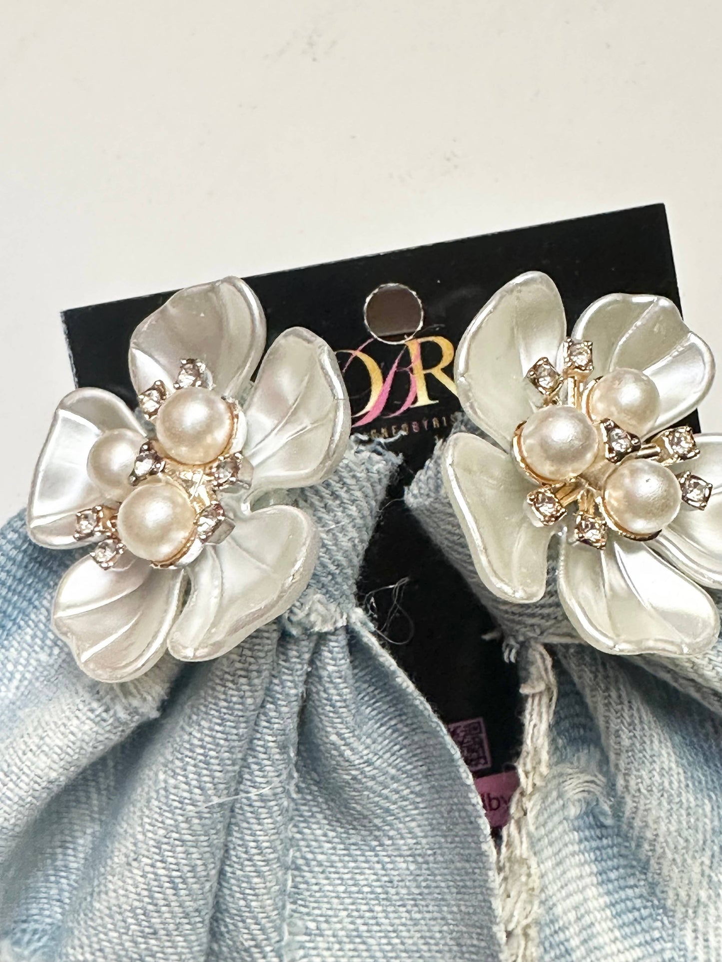 Light Blue Destroyed Denim Earrings with Pearl Flowers