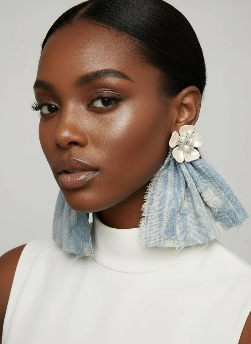 Light Blue Destroyed Denim Earrings with Pearl Flowers