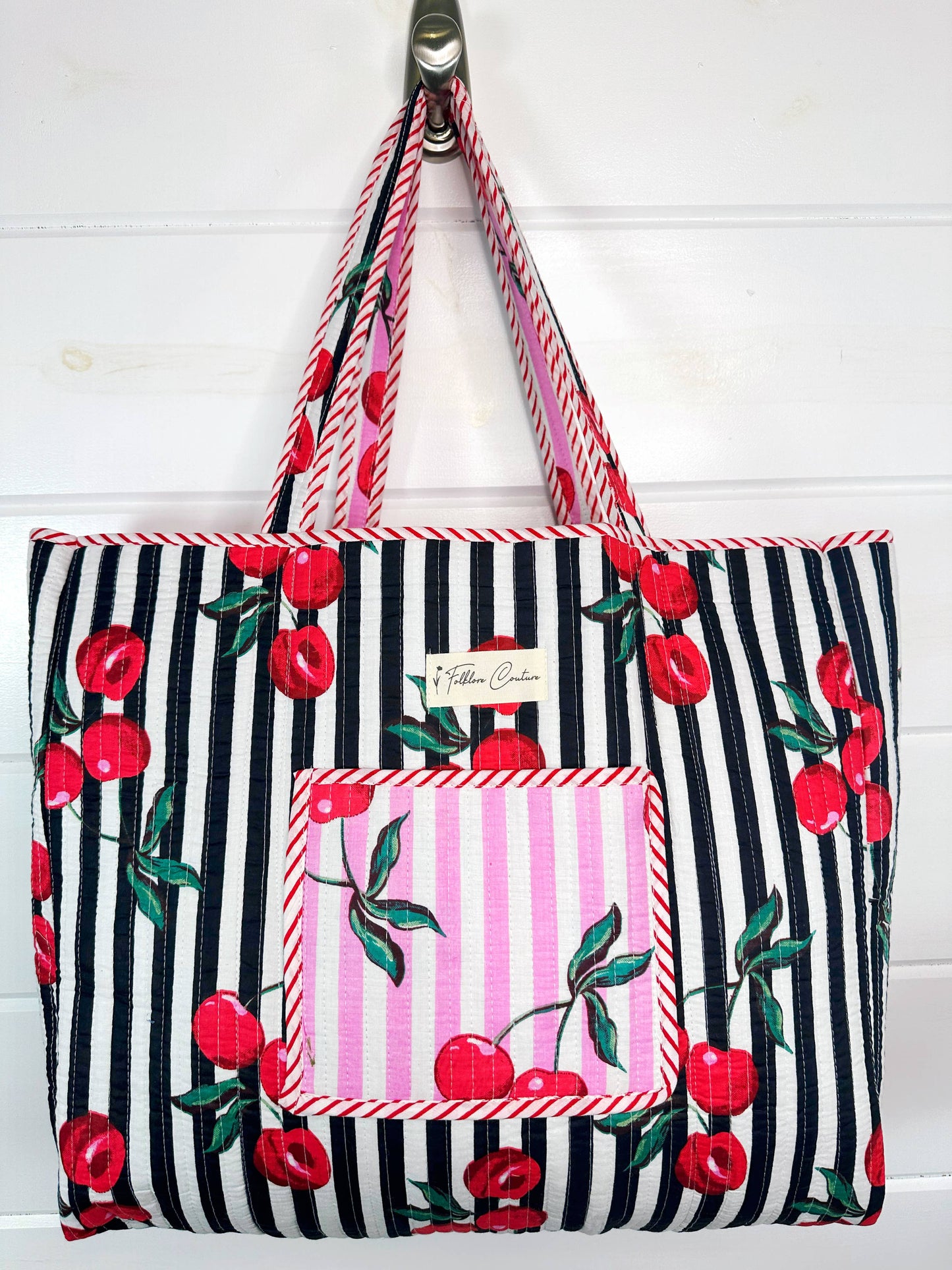 Quilted Tote Bag | Cherry Tote | Large Shopping Tote Bag
