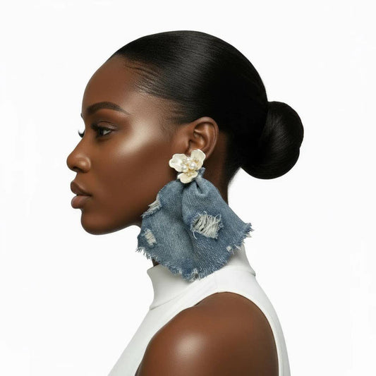 Denim Pearl Upcycle Earrings - Statement Earrings for Her