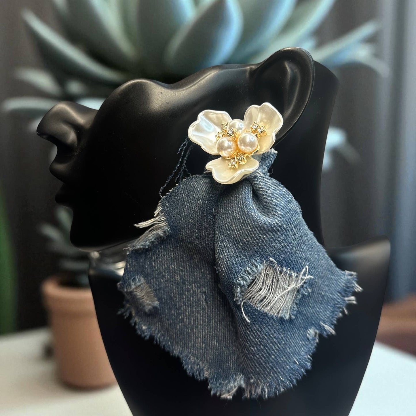 Denim Pearl Upcycle Earrings - Statement Earrings for Her
